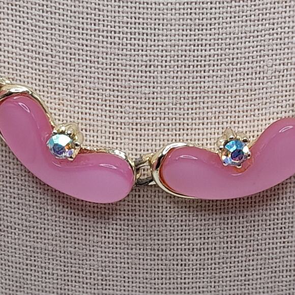 Vintage 1950s Pink Moon Glow Choker Necklace Gold Plated AB Rhinestones 17” - Picture 4 of 9